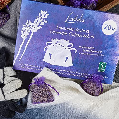 Foto von Lavodia Lavendelsäckchen mit Premium Lavendelblüten, zum Mottenschutz gegen Motten im Kleiderschrank oder als Lavendel Duftsäckchen zum Entspannen und Schlafen, 20 Lavendel Säckchen