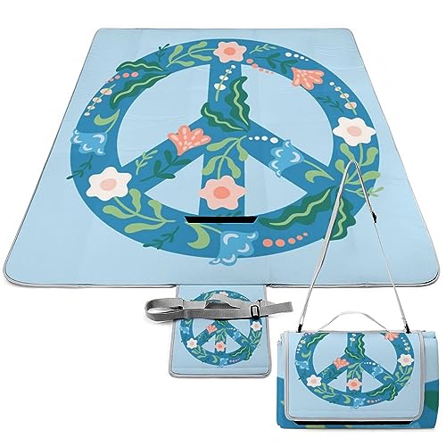 Peace Blue Pattern Picnic Blanket Waterproof Foldable, Large Outdoor Picnic Blanket Beach Blankets Camping Blanket Travel Mat, Shoulder Strap Tote, Rectangle 58x58in