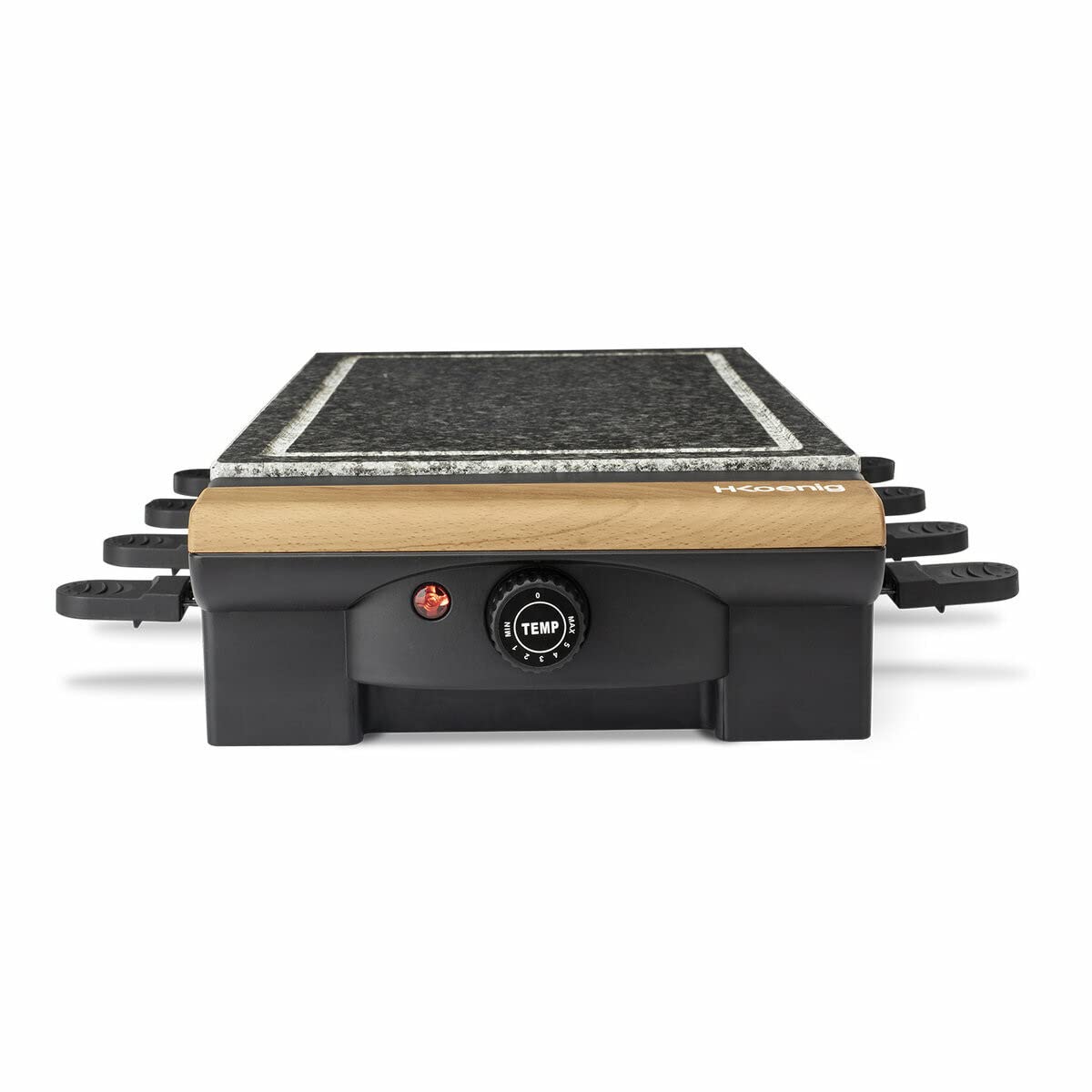 H.Koenig Pietra di cottura 2 in 1 con apparecchio per raclette da 8 persone RP328 design in legno, griglia multifunzione in granito,pietra rimovibile, Accessori: 8 teglie antiaderenti