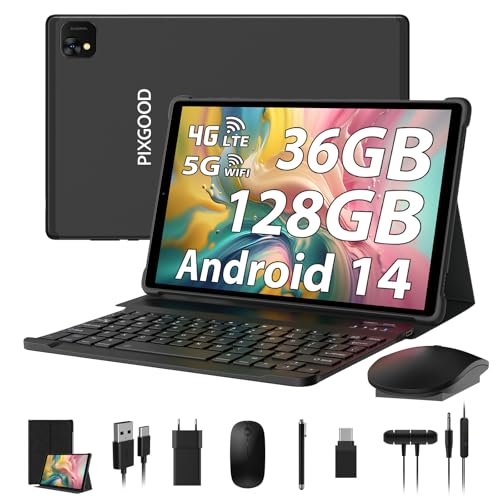 PIXGOOD 10 Zoll Android Tablet 4G LTE und 5G WiFi, 36 GB RAM, 128 GB ROM (1 TB erweiterbar), Octa-Core, INCELL 1980 * 1200, 13 MP+8 MP, Tablet mit Tastatur-GPS/Bluetooth (Schwarz)