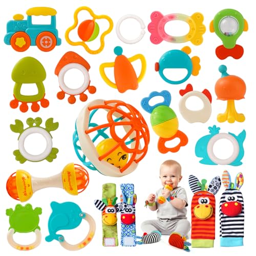Image of Baby Rattles 0-6 Months,Infant Sensory Teething Toys Set for 3-6 Months with Wrist Socks,Learning Developmental Toys,Perfect Baby Gift for 6-12 Months Newborn Boys Girls (Orange Rattle Set)