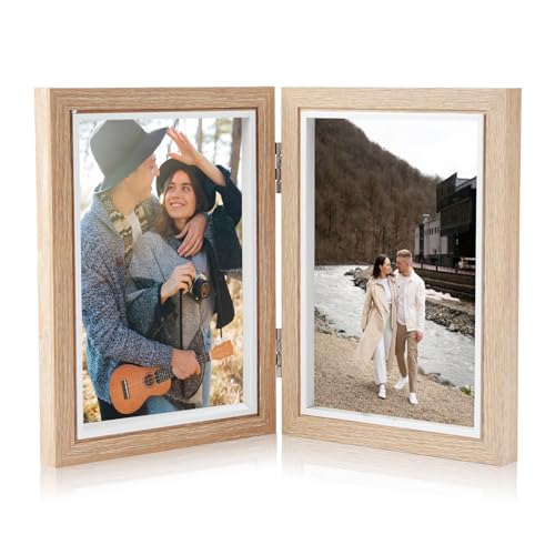 Baieye Cadre Photo Double 10x15cm,Cadre Photo en Bois Pliable,Cadres 2 Photos,pour Famille,Amis,Décoration Intérieure,Mariages