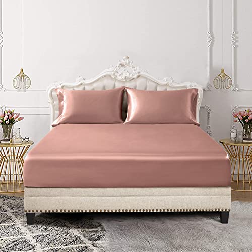 Image of SiinvdaBZX 3-Piece Set Satin Twin Fitted Sheet & 2 Pillowcase, Champagne Silky Soft Fitted Bottom Sheet, Wrinkle Free, Fade Resistant, Deep Pocket Bed Sheet (Deep Up to 15 inch)