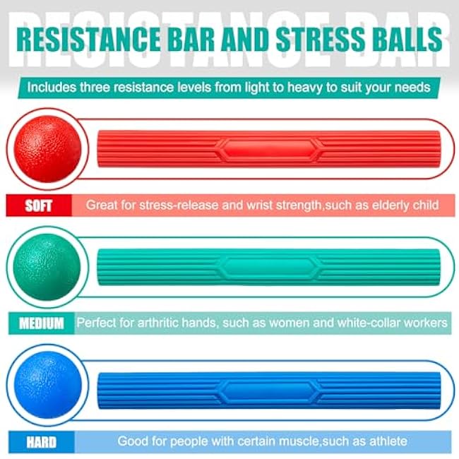 3 Pcs Twist Hand Exerciser Bars With 3 Hand Exercise Balls Fitness Resistance Bars for Physical Therapy Flexible Elbow Stress Balls Relieve Tendonitis Pain and Improve Grip Strength