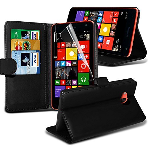 (Schwarz) Microsoft Lumia 535 Case High Quality Fitted Book PU-Leder Geldbörse Flip Mit 2 Kredit- / Debitkartensteckplatz-Haut-Abdeckung mit LCD-Display Schutzfolie, Reinigungstuch & Mini Retractable Stylus Pen von i-Tronixs