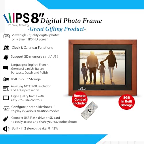 Image of MIRACLE DIGITAL 8'' IPS HD Wooden Digital Photo Frame | 8GB Memory, 2GB RAM, 32GB Expandable, USB & SD Support, 180 Wide Angle, Stereo Sound | Slideshow for Photos, Videos & Music - Wooden Dark