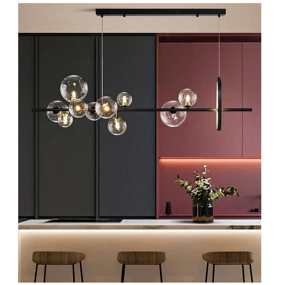 Lampada Moderno A LED, lampadario per isola cucina, Nero,120 * 30cm | Palla Di Vetro Con Presa G9, Lampada Da Pranzo A LED A Sospensione, Ad Altezza Regolabile, Luce Per Soggiorno Cucina