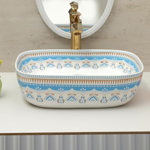 Image of Archstone Wash Basin for Bathroom -1 Year Warranty- Tabletop Washbasin - Ceramic Glossy Rectangle Designer Moroccan Countertop Vessel Sink, Dining Hall & Vanity 33x45x14.5 cm (Sky Gold Moroccan)