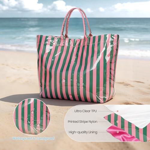 Image of Lushandy Striped PVC Tote Bag for Women, Waterproof Plastic Tote Bag for Beach Pool Large Top Handle Travel Hobo Handbag | Waterproof Material