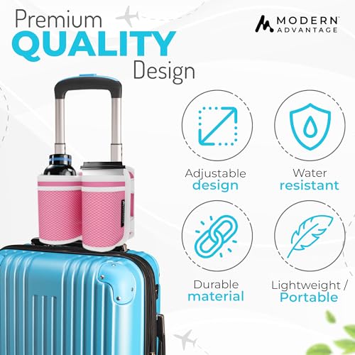 Image of Luggage Cup Holder Suitcase Attachment: Universal Drink and Bottle Caddy for Portable Convenience - Airplane Carry-On Travel Accessories - Reusable Drink Carrier with Pockets (Pink)