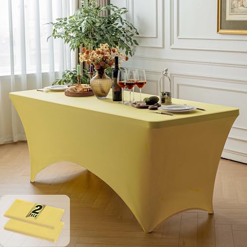 Image of FOLINS&HOME 2 Pack Yellow 8ft Fitted Spandex Water Resistant Tablecloth | Washable Elastic Rectangle Table Cover for 8 Foot Folding Tables, Stretch Table Cloth for Weddings, Banquets, Parties (2 Pcs)