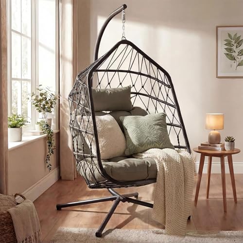 Blisswood Rattan Swing Egg Chair for Indoor & Outdoor use - Hammock Hanging Egg Chair with Cushion Stand Foldable Wicker Pod Chairs for Garden Patio or Balcony - Upto 150kg Weight Capacity (Black)