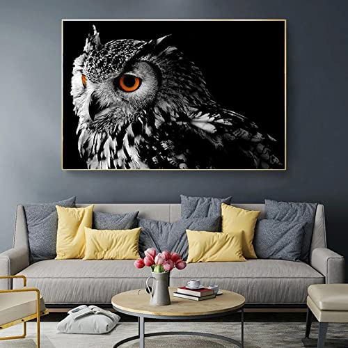 Tableau hibou noir et blanc sans cadre pour habiller un grand mur vide de salon
