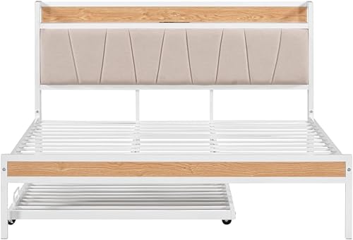 Miniatura 7 de Cama de plataforma de metal resistente tamaño Queen con nido tamaño individual y cabecera tapizada, enchufes, puertos USB, no necesita somier, color