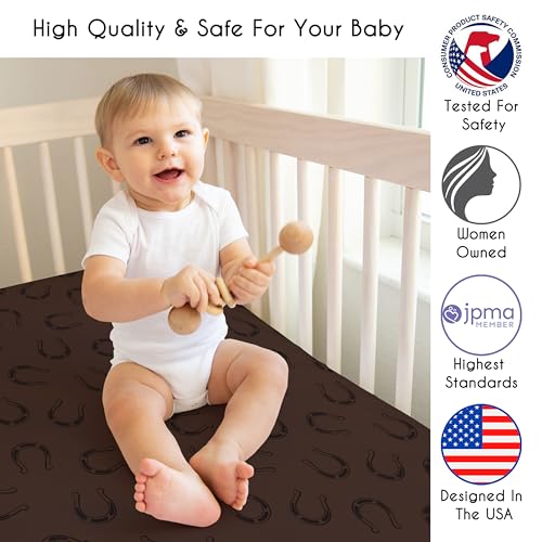 Image of Sweet Jojo Designs Fitted Baby Crib Sheets (Horseshoe Print) for Boys or Girls, Infant Nursery, Toddler Room - Standard Size (Brown for the Western, Cowboy, Southern, Country, Wild West Collection)