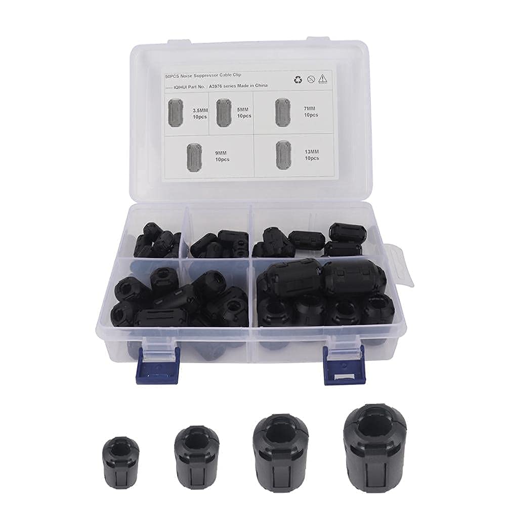 N&R 50Pcs Clip-on Ferrite Ring Core RFI EMI Noise Suppressor Cable Clip 3.5mm 5mm 7mm 9mm 13mm Inner Diameter Black JB-Tong