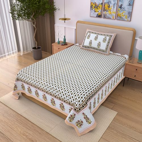 Image of 100% Cotton Single Bedsheet with 1 Pillow Cover | 240 TC Pure Cotton Flat Bed Sheet | Traditional Jaipuri Printed Bedding Set | Soft & Breathable | 60 x 90 Inch (Rangmahal Single 47)