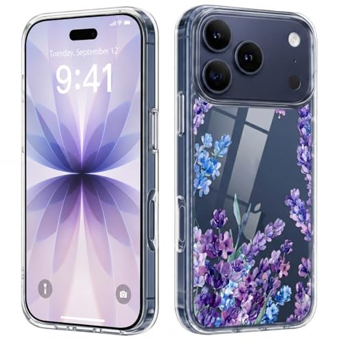 Image of Elzzi Floral Case for iPhone 17 Pro Max, Lavender Flower Clear Phone Case for Women Girls, Cute Aesthetic Purple Botanical Transparent Shockproof Protective Slim Cover (Deep with Leaf)