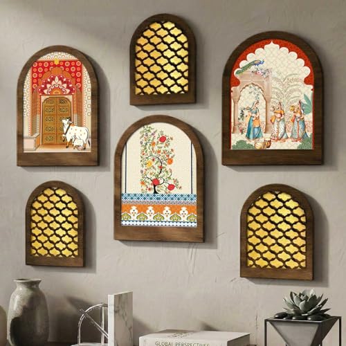 Image of Jharokha MDF Mirror for Home Decor | MDF Traditional Mirrors for Home Decoration | Wall Mirror Decor Hanging for Living Room Bedroom Office Set of 6 (9x12 inch & 7.5x9.5 inch)