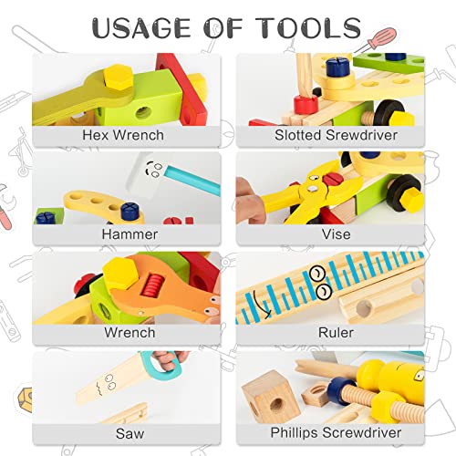 Rundad Wooden Kids Tool Set – 37 PCS Tool Kit Box with Stickers of My First Tools, Montessori Toys for 2 3 4 Year Old Boy Gift, Tool Construction Set for Toddler Ages 3-5 - Thumbnail 3