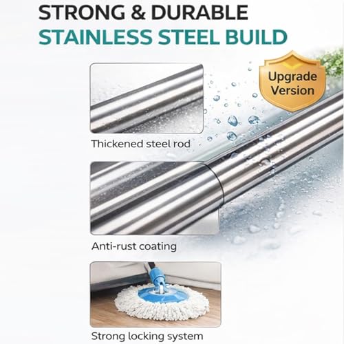 Image of Smart 360 Spin Mop Stick Rod with Stainless Steel Handle | Adjustable & Extendable Mop Handle | Heavy Duty Rust-Proof Floor Cleaning Rod Compatible with Spin Mop Refill - 3 Refill