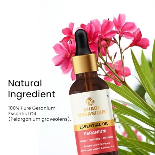 Image of Khadi Organique Pure Geranium Essential Oil for Massage, Relaxation & Aromatherapy | Natural Floral Oil for Diffusers, Meditation, Skin & Hair Care | Helps to Reduce Acne, Dandruff & Stress | 15ml