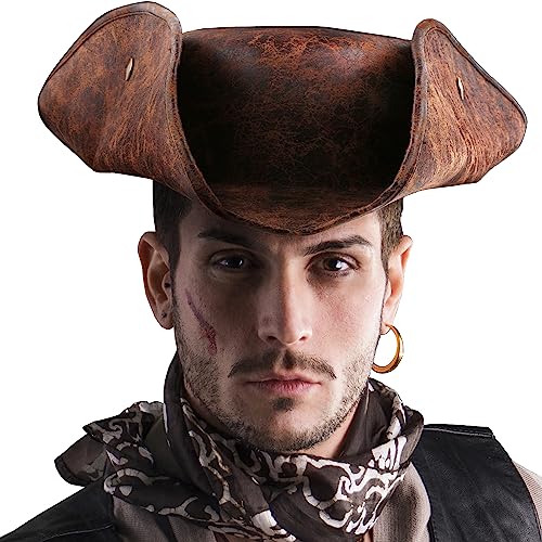 Srnede Pirate-Hat Women Tricorn Brown Pirate Men Leather Faux Leather Vintage Wrinkle Distressed2