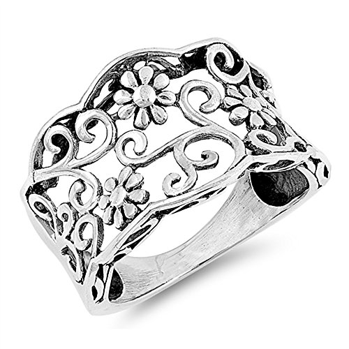 CloseoutWarehouse 925 Sterling Silver Oxidized Floral Filigree Ring