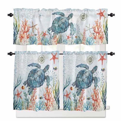 Coastal Turtle Kitchen Curtains 24 Inch Length, 3 Piece Rod Pocket Small Half Tiers and Valance Set, Summer Beach Nautical Coral Starfish Small Large Window Treatment Decor for Bedroom/Bathroom Sink