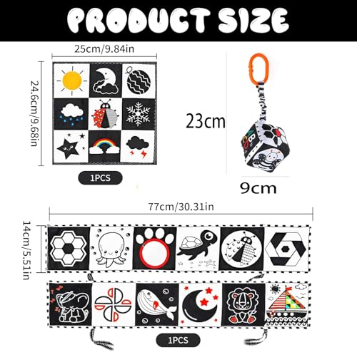Image of SNOWIE SOFT 3Pcs Cloth Books for Babies 0 to 3 Years, Black and White Crib Cloth Book Panel with Mirror, Sensory Toys, Montessori Visual Stimulation Washable Baby Toys for 6 to 12 Months