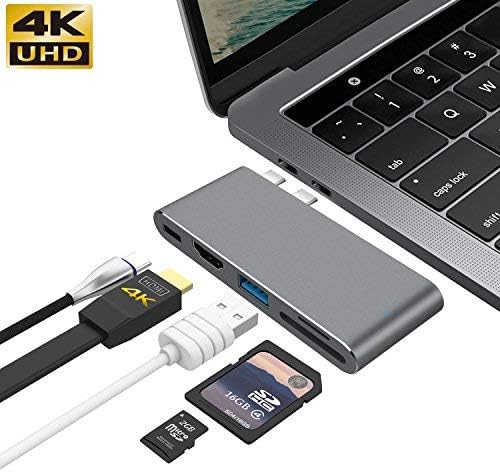 GIKERSY USB C Hub For MacBook Pro 13" & 15" 2016/2017/2018, Type C to 4K HDMI Combo Hub Adapter, Charging port, Thunderbolt 3 port, MicroSD/SDHC/SDXC Card Reader, USB 3.0 Port, USB-C port - Grey