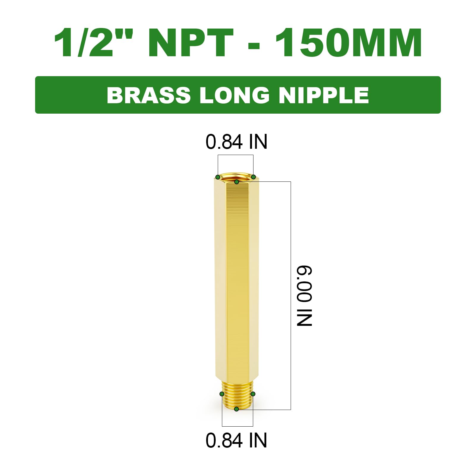 TAISHER 1 raccordo per tubo di prolunga in ottone da 1/2" NPT femmina x 1/2" NPT maschio, esagonale interno, connettore filettato per tubo da 150 mm