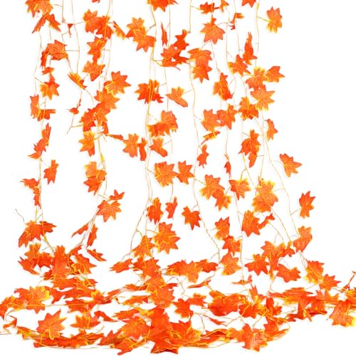 Tikplus Herbstgirlande Künstliche Herbstblätter Girlande Herbstdeko 2.4M 12 Stück Ahornblätter Reben Seide Herbstblätter Reben für Zuhause Garten Thanksgiving Holloween Deko