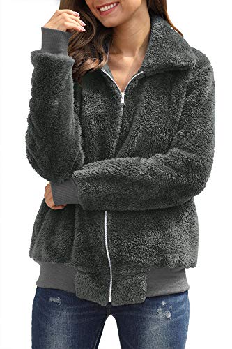For G and PL Women Winter Pocket Long Sleeve Sherpa Zip Fuzzy Fleece Jacket Coat Dark Grey S