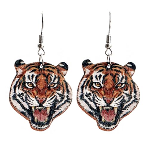 Handmade Exaggerated Tiger Dinosaur Cheetah Wolf Double Sided Animal Pattern Funny Lightweight Wooden Drop Dangle Earrings Personality Jewelry for Women