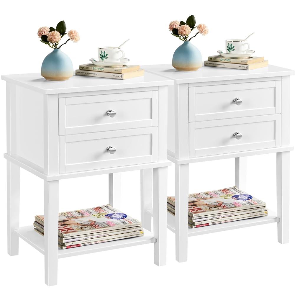 Yaheetech 2pcs Mesitas de Noche con 2 Cajones Mesillas de Noche Vintage 45x35x61cm Mesas Auxiliar Blanco para Cama Dormitorio Sala de Estar