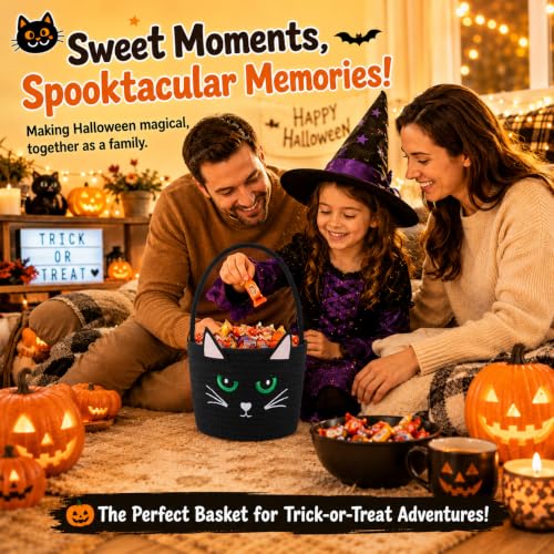 OIAHOMY Halloween Pumpkin Basket with LED Lights - Light Up Trick or Treat Bags for Toddlers & Kids, Soft Woven Cotton Rope Candy Bucket, Cute Reusable Boo Gift Basket for Holiday Party Decor Black - image 8