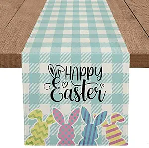 Easter Table Runner Bunny Buffalo Plaid Spring Happy Easter Holiday Kitchen Dining Table Decoration 13 x 72 Inch