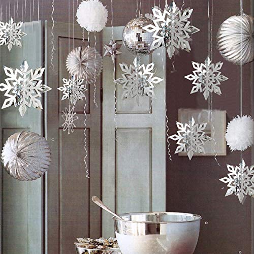 Image of Snowflake Decorations, Paper Christmas Hanging Decor Indoor, Silver, 14-Pc