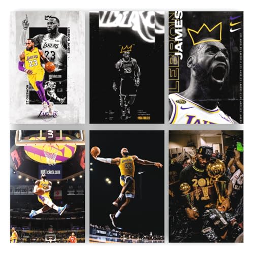 Image of POSTER WALLAH Lebron James Poster | Basketball Legend Player | Modern wall print Art | Champion Aesthetic Poster | Art Style Wall decor for Bedroom wall, gym, Living room, kids, (12x8 Inch) [Set of 6 Pieces]