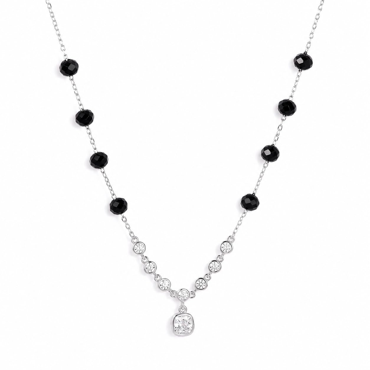 925 Sterling Silver Love Round Square Drop Mangalsutra for Women | Rhodium-Plated Chain with Black Beads & Zircon V-Drop Crystal Line with Cushion Solitaire Pendant | Traditional Necklace-image-25