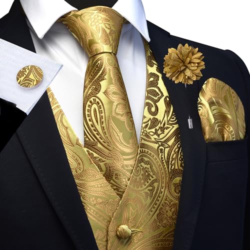 GUSLESON Men's V-Neck Suit Vests Formal Men Vest Paisley Jacquard Tie Waistcoat Bow tie Hanky Set Wedding 7PCS2