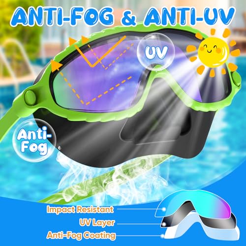 COZII Taucherbrille Kinder, Schwimmbrille Kinder für Jungen Mädchen mit Nasenschutz Ohrstöpsel, 180° Panorama Anti-Leck Anti-Beschlag Anti-UV, Schnorchelmaske Kinder für 4-14 Jahre (Grüner)