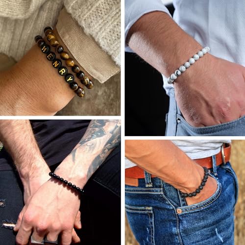 SAMOCO 12Pcs Tiger Eye Bracelet For Men 8MM Natural Stone Beads Bracelet Set Stretch Lava Rock Bracelets Adjustable Black Crystal Beaded Bracelet for Men Women Gifts2