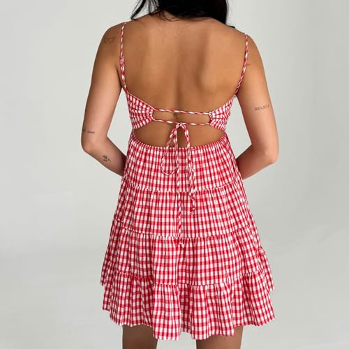 Women Y2k Gingham Dress Spaghetti Strap Tie Back Plaid Mini Dresses Summer Flowy Smocked Sundress3
