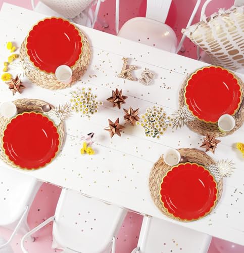 Image of HEIPINIUYE 50 Pieces Red Paper Plates with Gold Foil 9 Inch Disposable Red Scalloped Dinner Plates for Wedding Baby Shower Birthday Party Dessert Plate