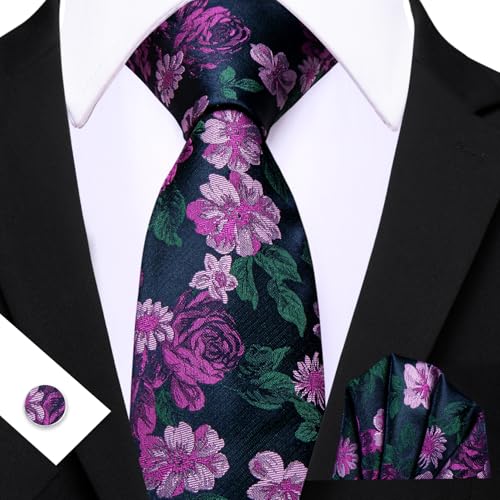 Image of Barry.Wang Flower Ties for Men Handkerchief Cufflinks Set Wedding Necktie Set Party