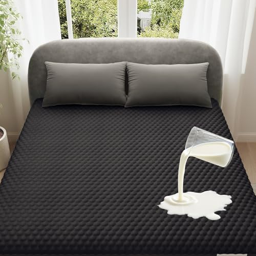Image of OhGeni 100% Waterproof Full Size-Black Mattress Protector,Soft Mattress Pad,Pet Hair & Bedwetting Resistant,Cooling Breathable Fitted Sheets,Washable Bed Cover Over 99 pcs Hex Filled Bumps