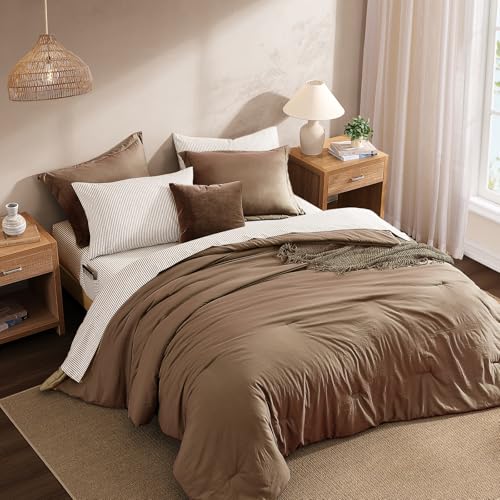 Image of Monbix King Size Comforter Set- 7 Pieces Soft Bed in a Bag King Bedding Set | All Season Brown Prewashed Comforter with Striped Sheets, Pillowcases & Shams