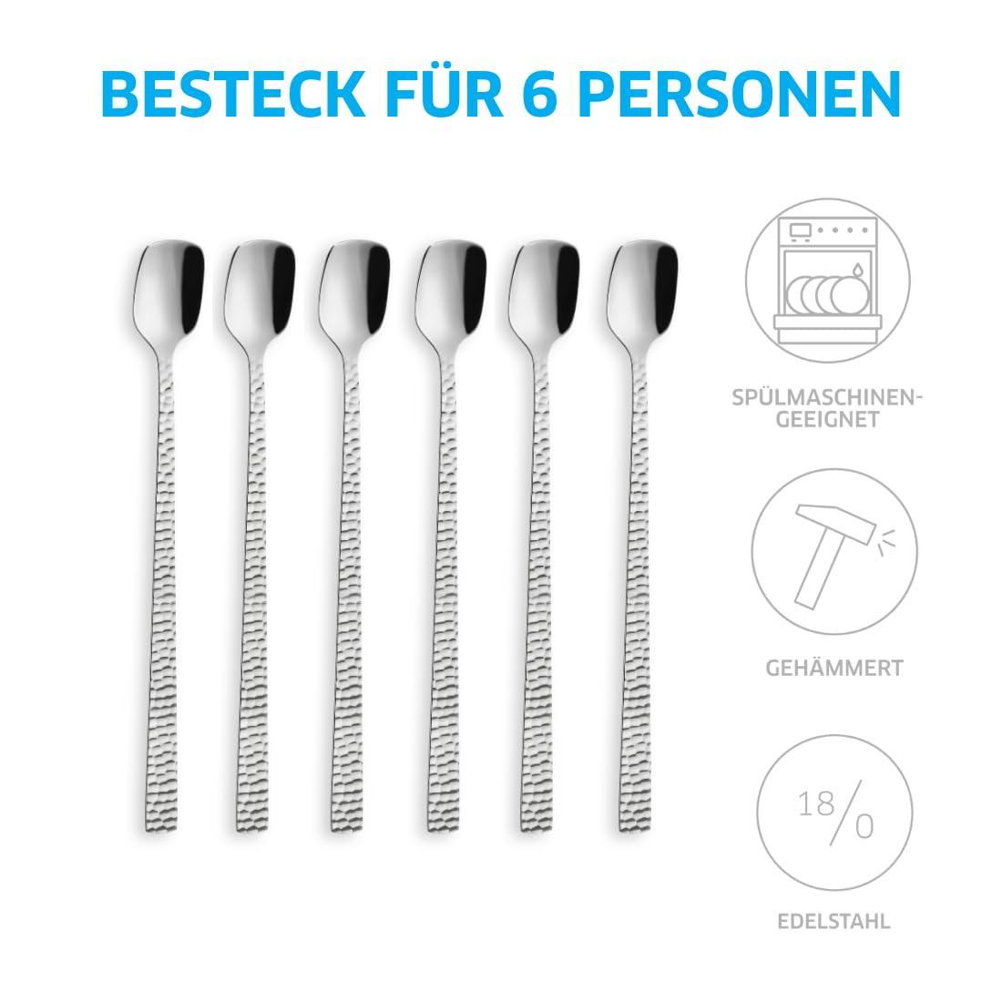 Amefa FELICITY Latte Macchiato Löffel/Longdrinklöffel Set 6-teilig, Hochwertige Löffel lang, Gehämmert, Löffel Longdrink im Hammerschlag-Design, 18/0 Edelstahlbesteck, Spülmaschinenfest